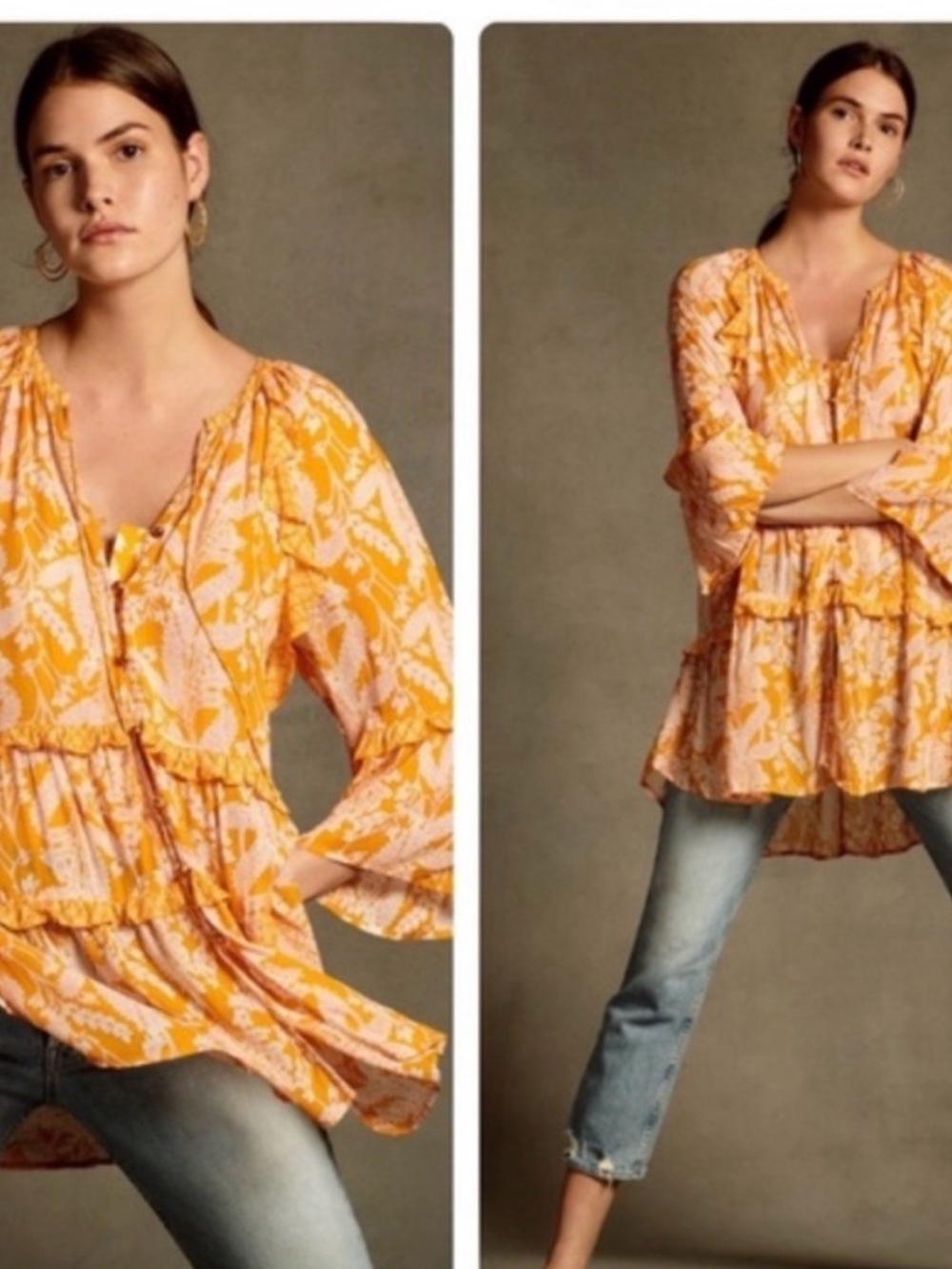 Anthropologie Yellow and Pink Floral Tiered Tunic
